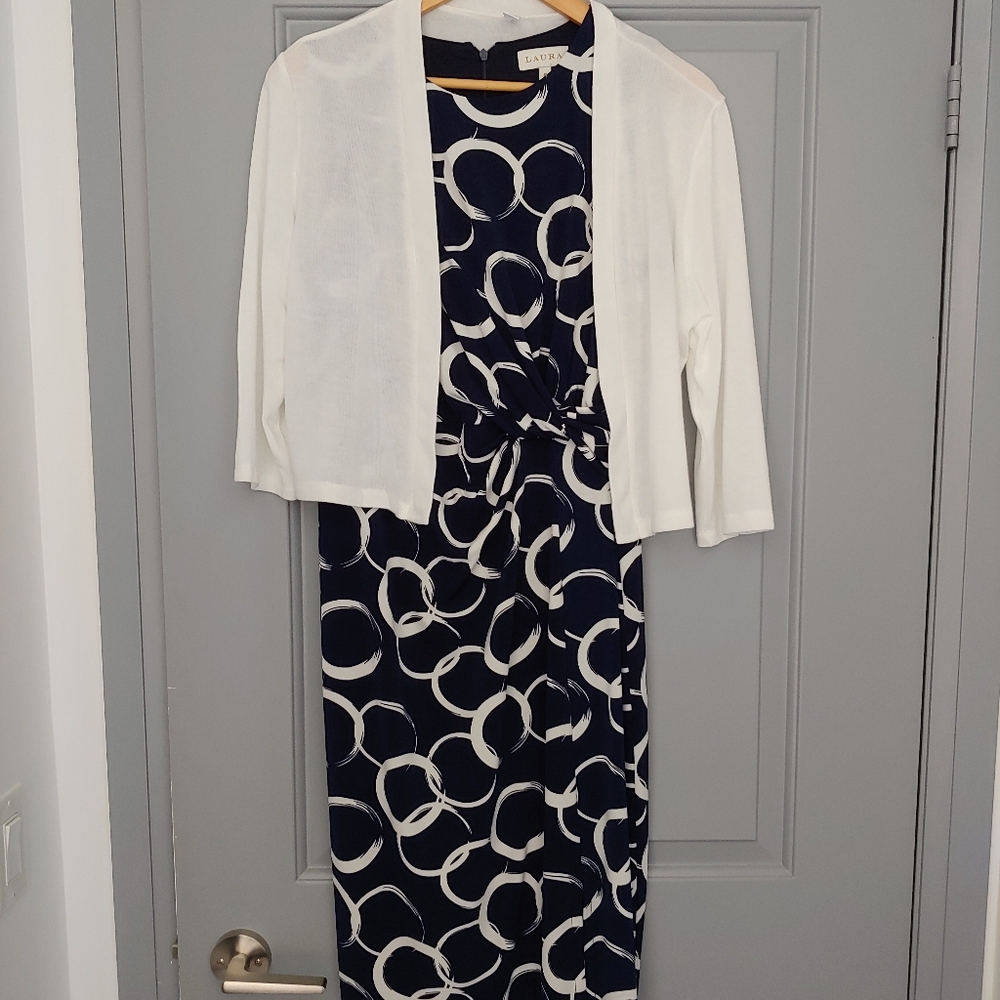 Blue and White Sheath Midi Dress with Crew Neck for Cocktail